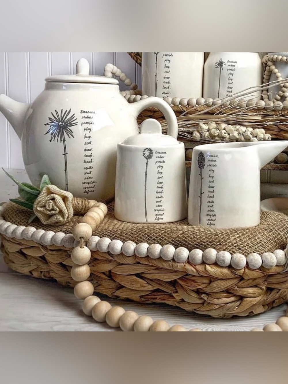 Rae Dunn Stemline Tea Pot, Cream and Sugar Set
